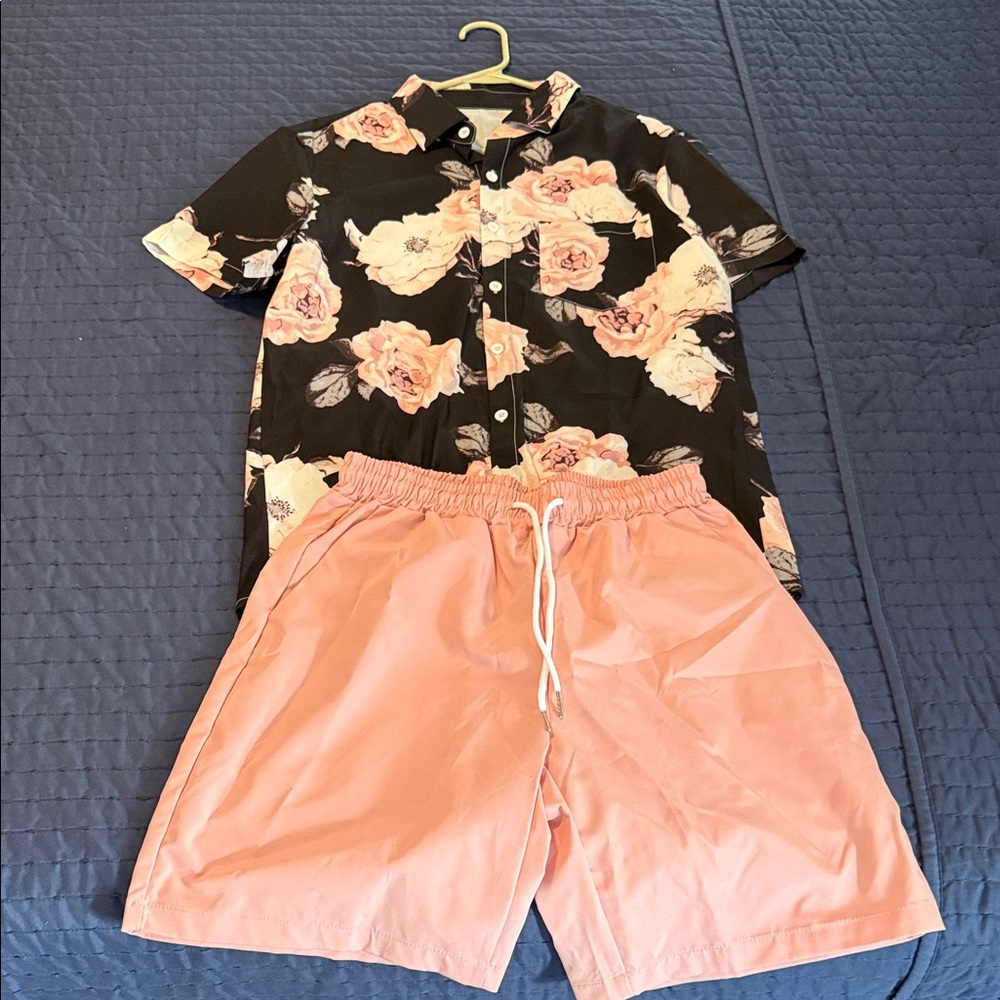 SHEIN Black Floral Shirt and Pink Shorts Set